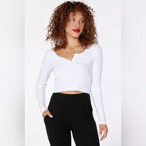 Bobi White Split Neck Long Sleeve Ribbed Crop Top Size S